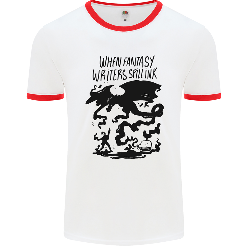 Fantasy Writer Author Novelist Dragons Mens Ringer T-Shirt White/Red