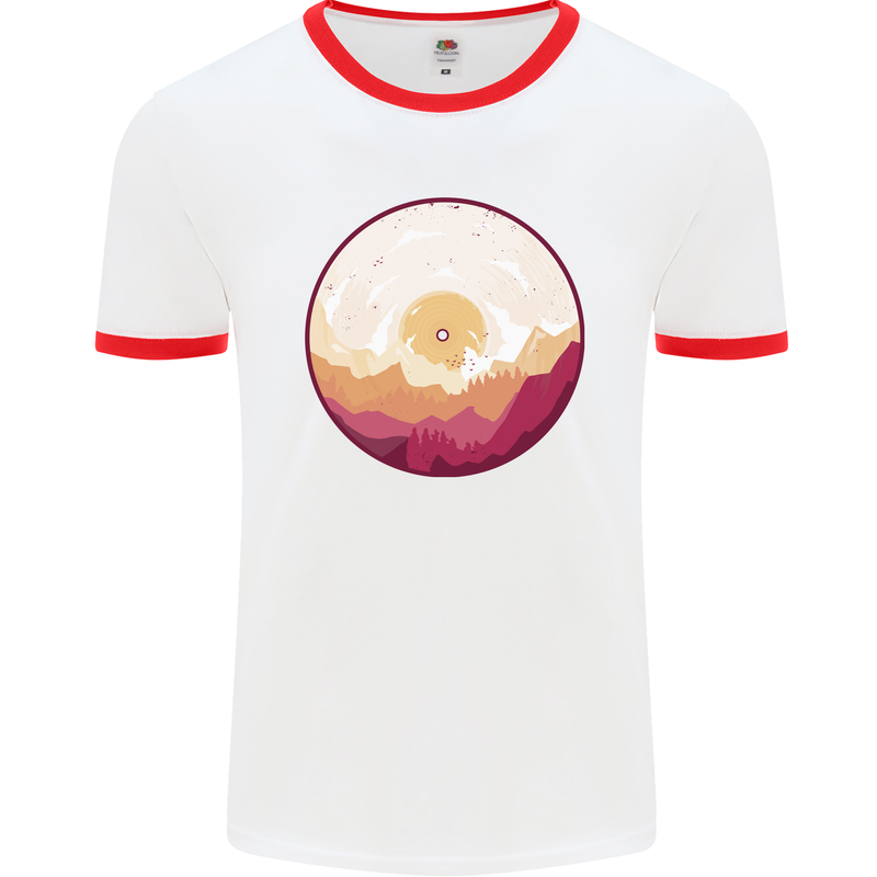 Vinyl Landscape Record Mountains DJ Decks Mens Ringer T-Shirt White/Red