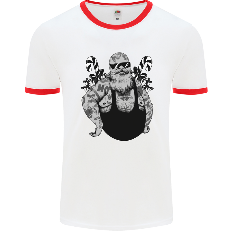 Tattoo Santa Funny Christmas Biker Motorbike Mens White Ringer T-Shirt White/Red