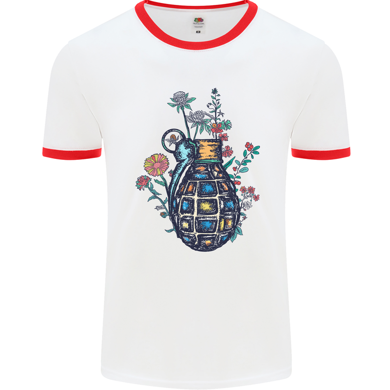 Peace Grenade Anti-War Pacifist World Hippy Mens White Ringer T-Shirt White/Red