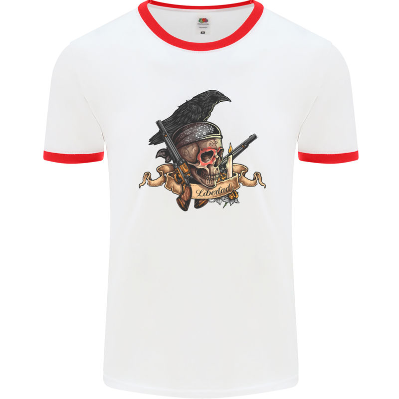 Libertad Skull Freedom Pirate Crow Raven Mens White Ringer T-Shirt White/Red