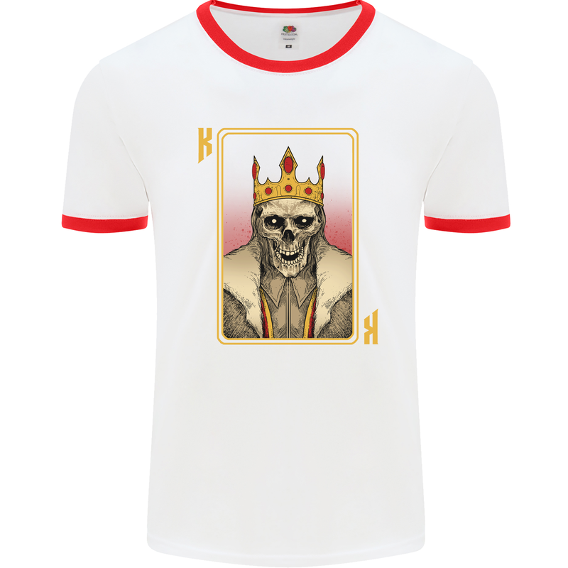 King Playing Card Gothic Skull Poker Mens White Ringer T-Shirt White/Red