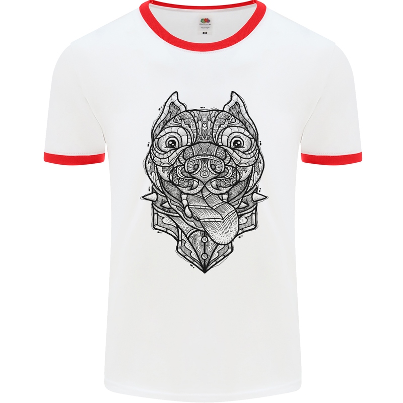 Pitbull Mandala Art Dog Lover Mens White Ringer T-Shirt White/Red