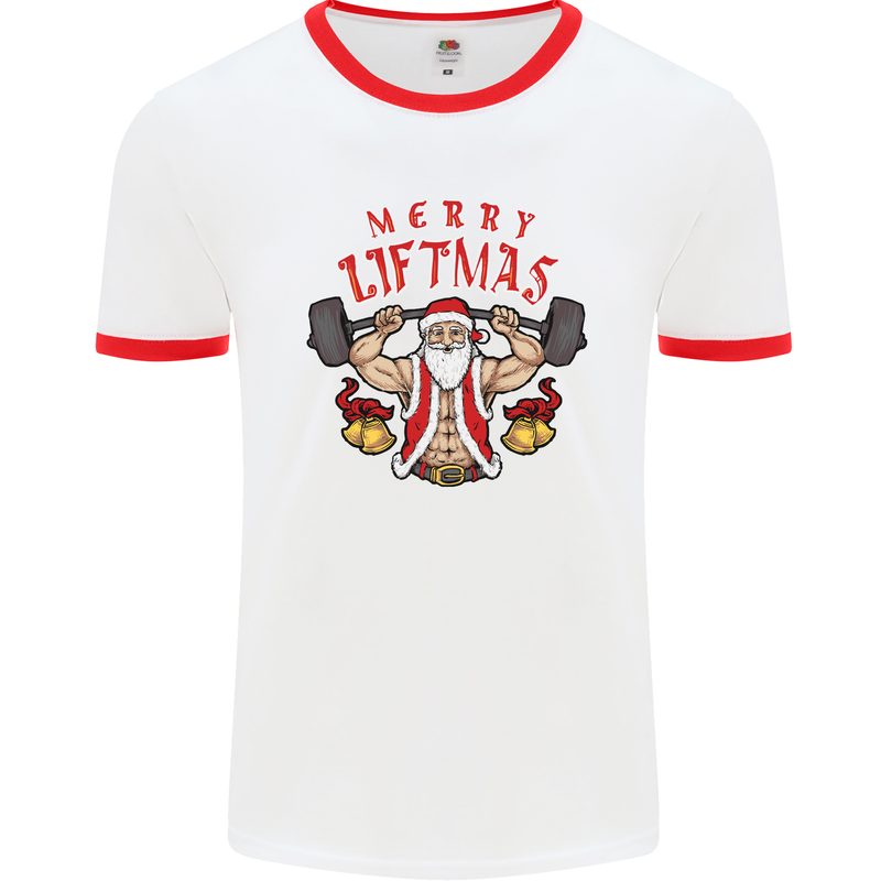 Merry Liftmas Mens White Ringer T-Shirt White/Red