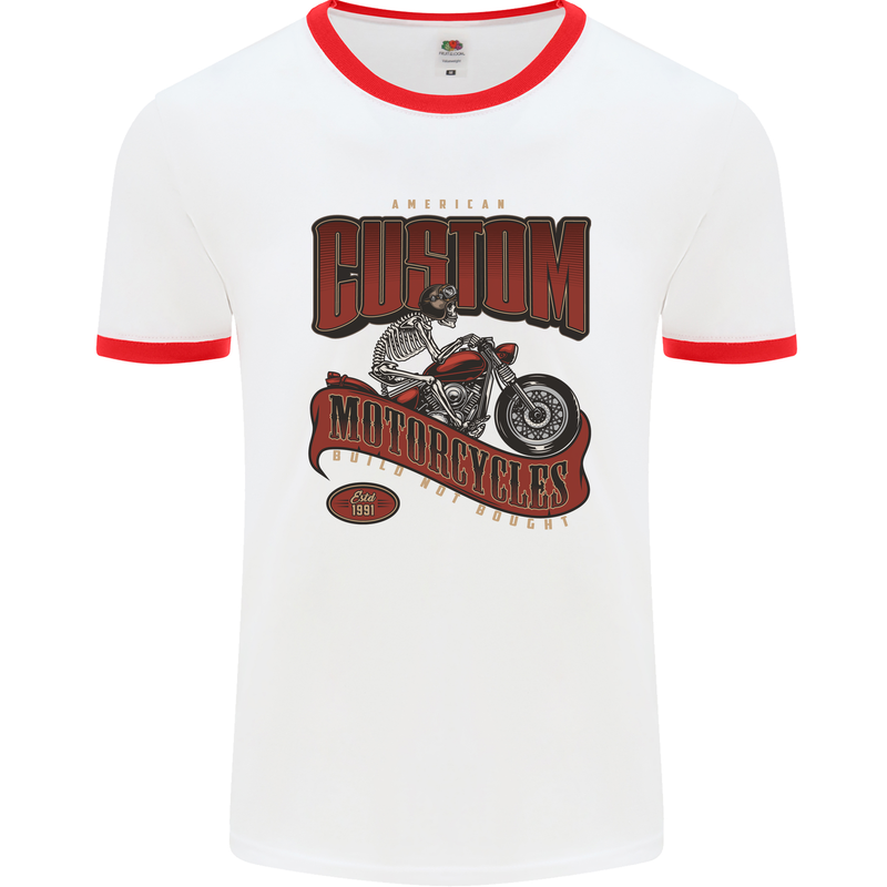 American Custom Motorcycles Biker Motorbike Mens White Ringer T-Shirt White/Red