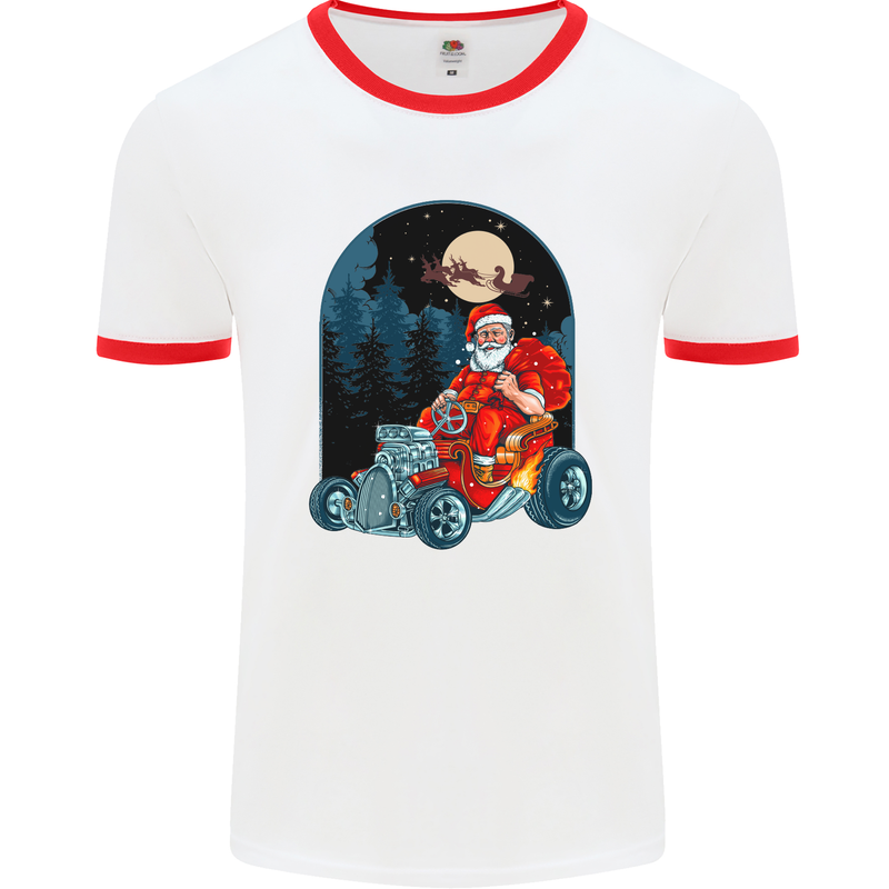 Hot Rod Santa Clause Hotrod Christmas Mens White Ringer T-Shirt White/Red