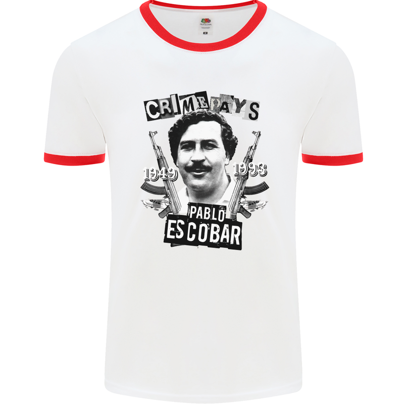 Pablo Escobar Crime Pays Mens White Ringer T-Shirt White/Red