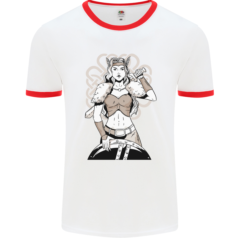 A Female Viking Shield Maiden Warrior Mens Ringer T-Shirt White/Red
