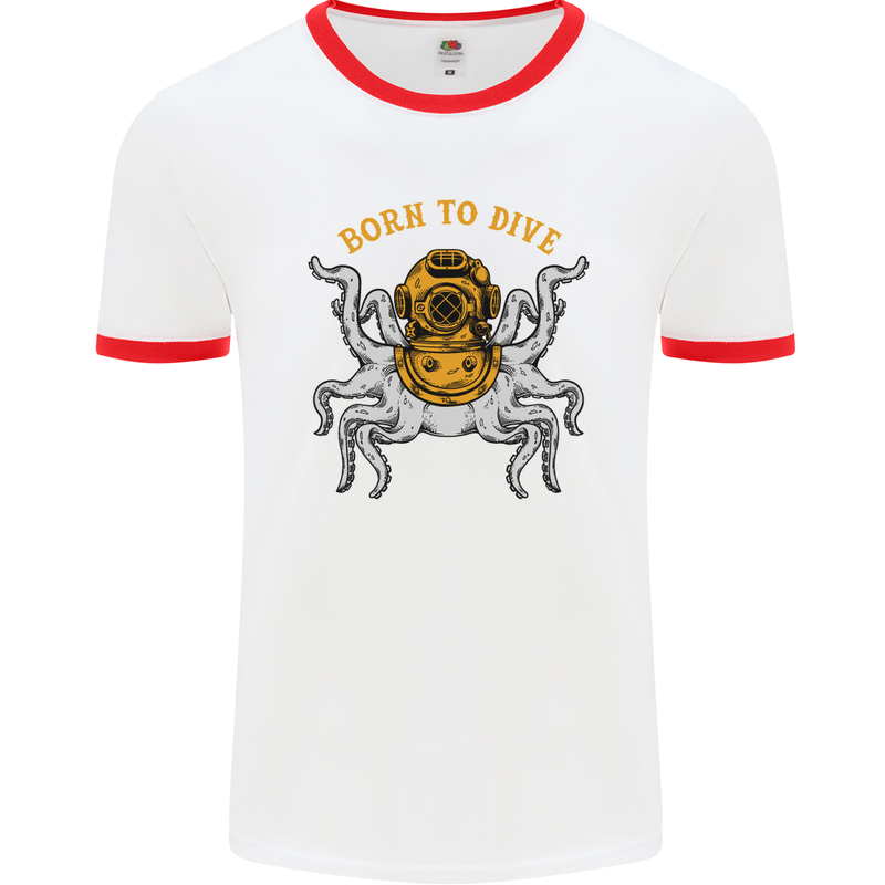 Born to Dive Octopus Scuba Diving Diver Mens White Ringer T-Shirt White/Red