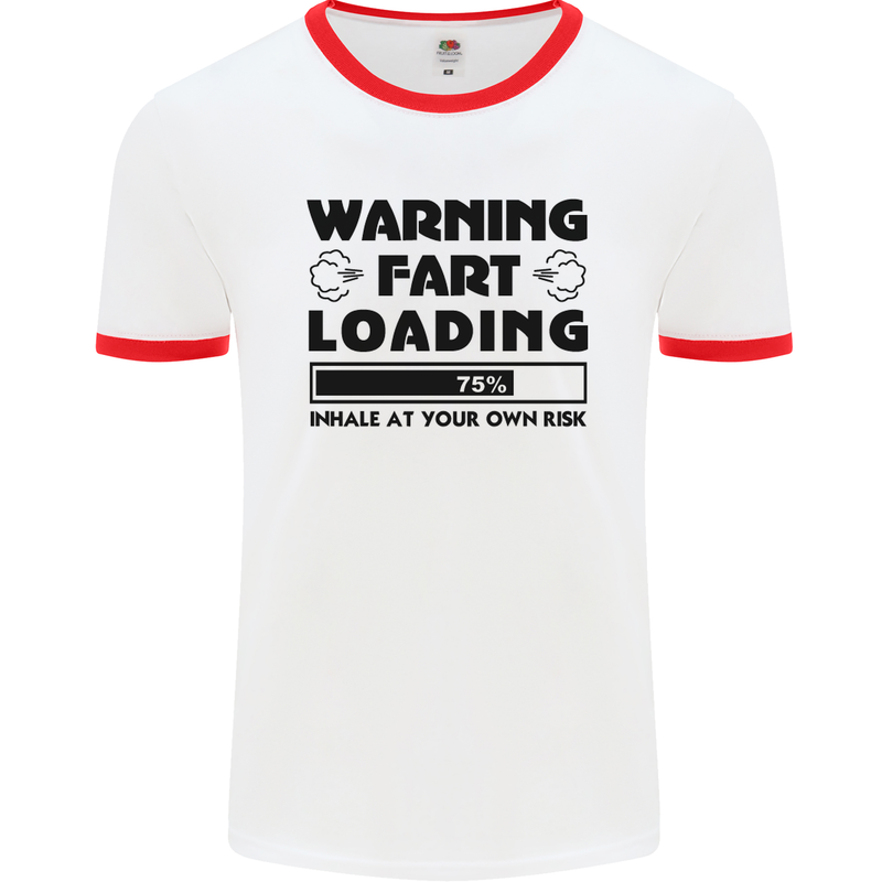 Warning Fart Loading Funny Farting Rude Mens White Ringer T-Shirt White/Red