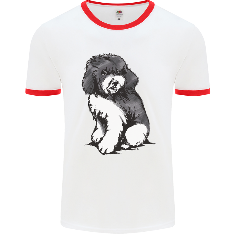 Harlequin Poodle Sketch Mens White Ringer T-Shirt White/Red