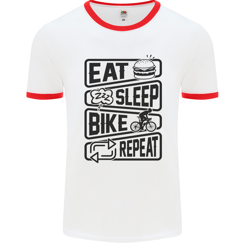 Cycling Eat Sleep Bike Repeat Funny Bicycle Mens White Ringer T-Shirt White/Red