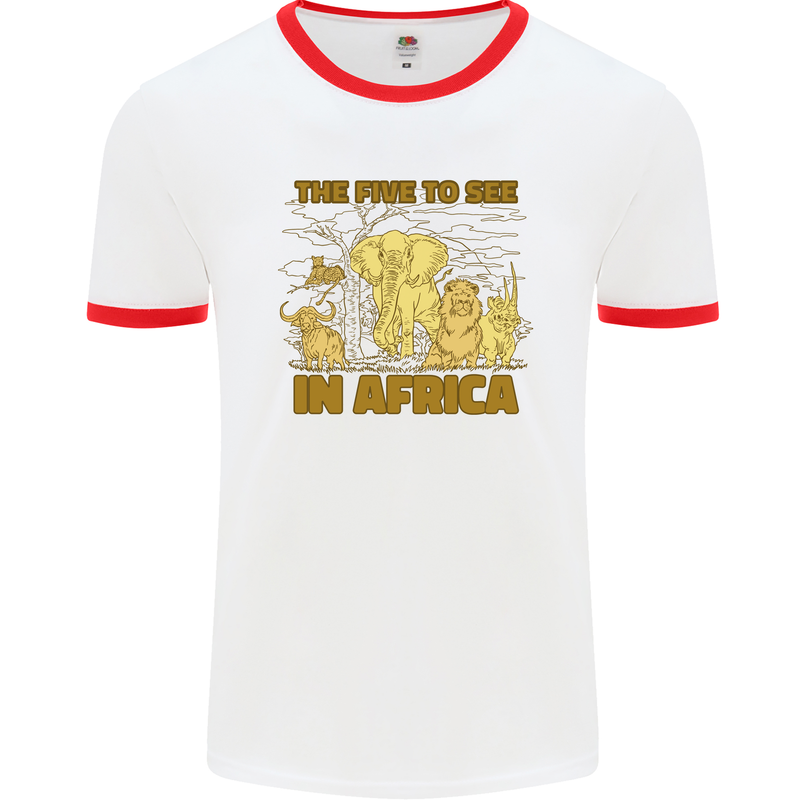 The Five to See in Africa Safari Animals Mens White Ringer T-Shirt White/Red