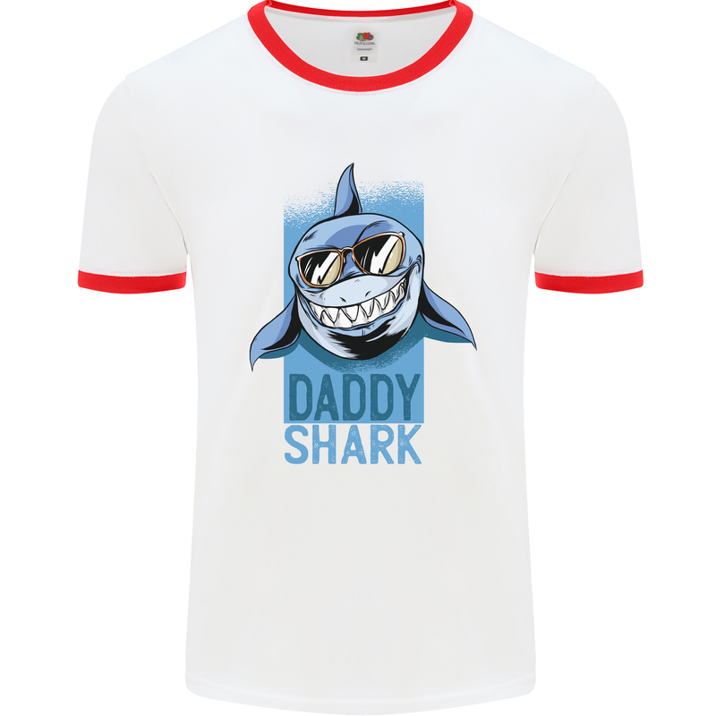 Daddy Shark Funny Father's Day Mens Ringer T-Shirt White/Red