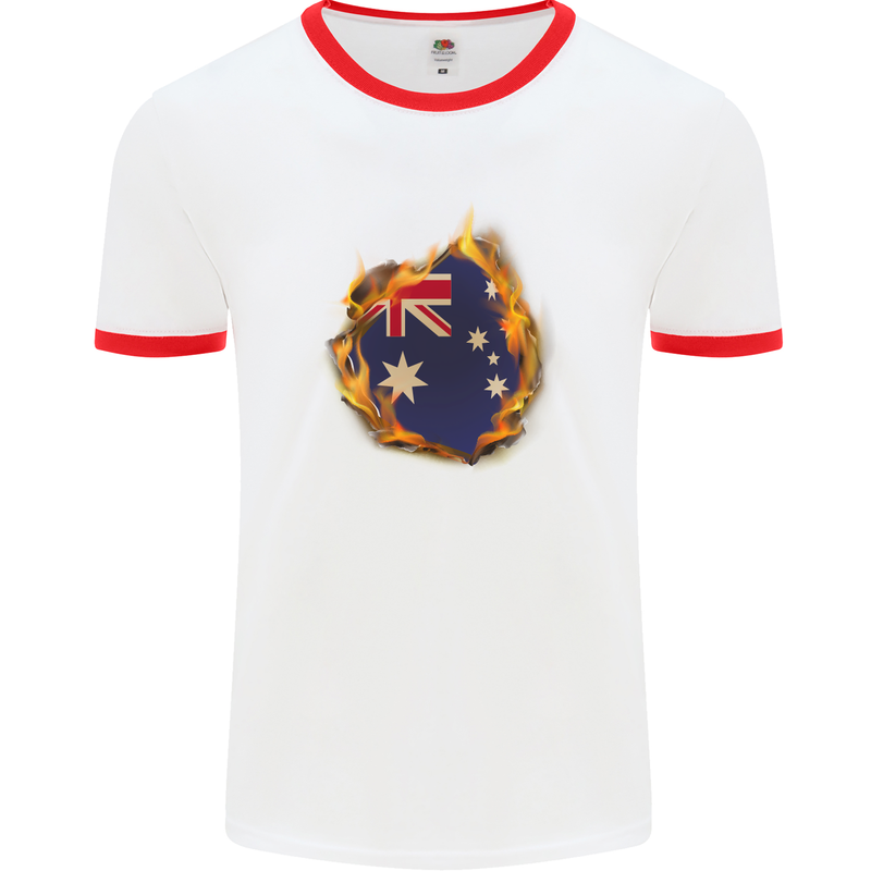 The Australian Flag Fire Effect Australia Mens White Ringer T-Shirt White/Red