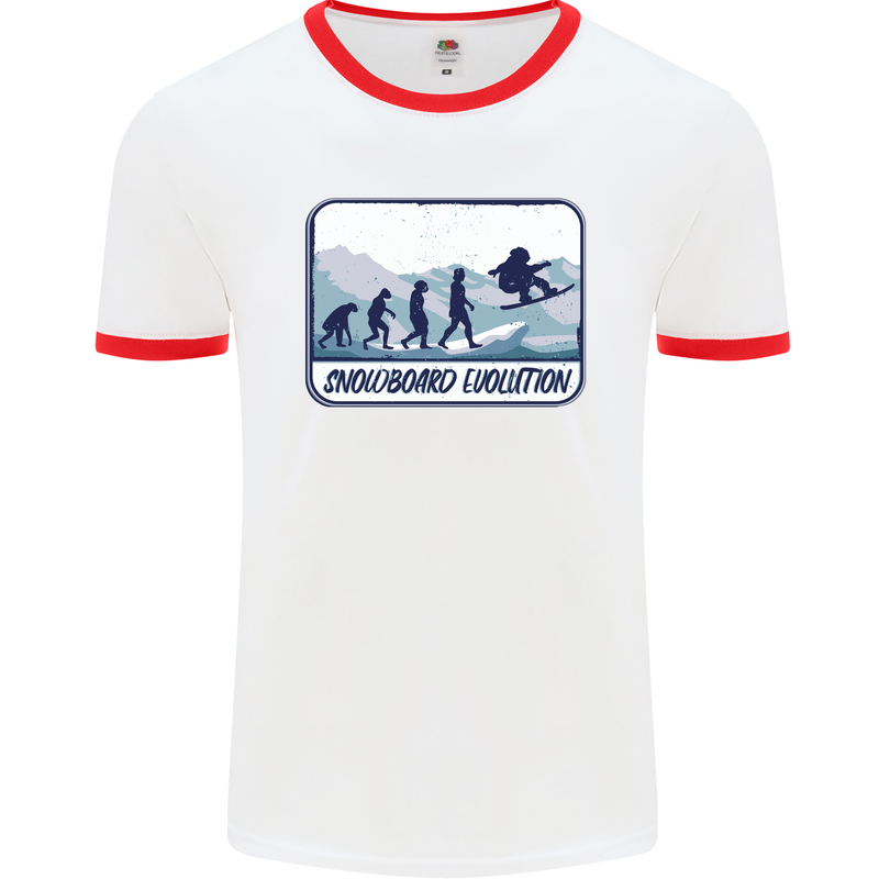 Snowboarding Evolution Funny Snowboarder Mens White Ringer T-Shirt White/Red