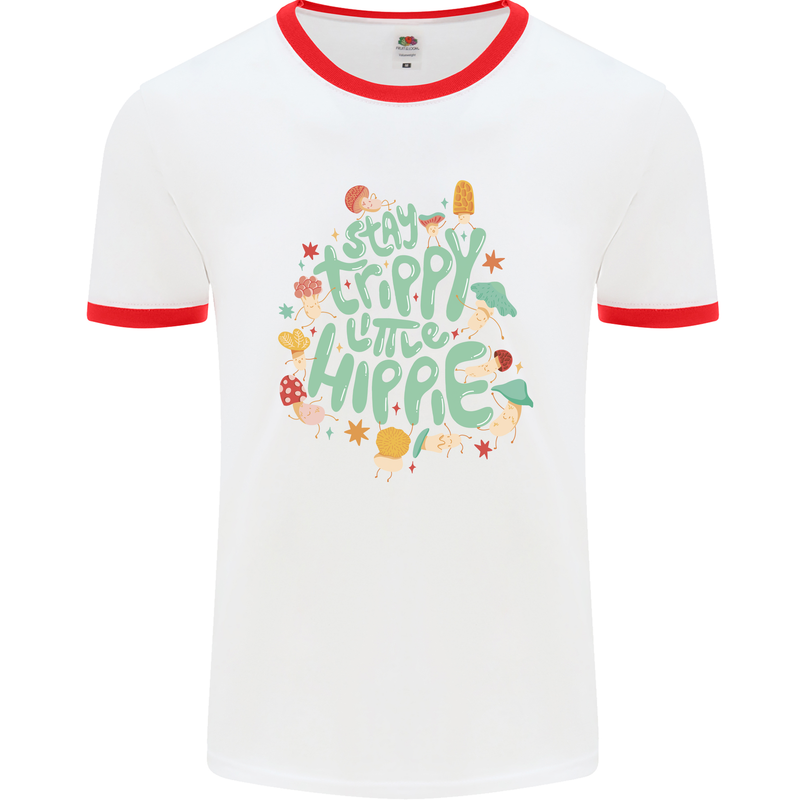 Stay Trippy Hippy Magic Mushrooms Drugs Mens White Ringer T-Shirt White/Red