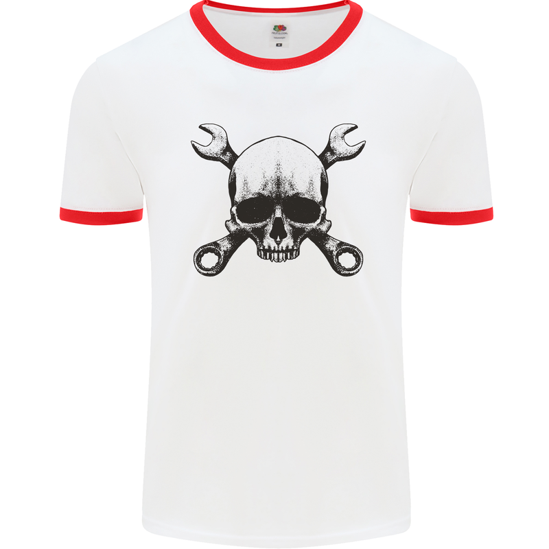 Spanner Skull Mechanic Car Biker Motorcycle Mens White Ringer T-Shirt White/Red