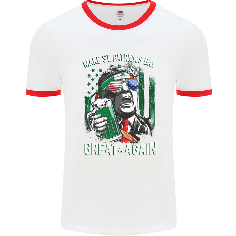 St Patricks Day Great Again Donald Trump Mens White Ringer T-Shirt White/Red