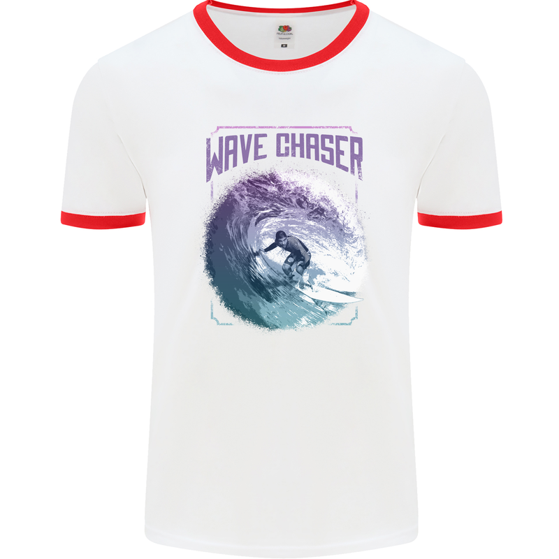 Wave Chaser Surfing Surfer Mens Ringer T-Shirt White/Red