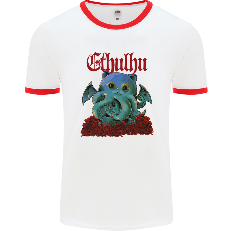 Cathulhu Funny Cat Cthulhu Parody Kraken Mens White Ringer T-Shirt White/Red