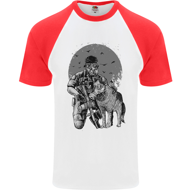 Gas Mask & Dog Apocalypse Armed Militia Mens S/S Baseball T-Shirt White/Red