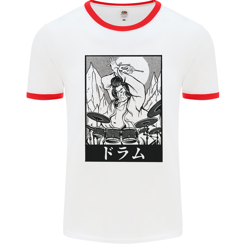 Sumo Wrestler Drummer Drumming Drum Mens White Ringer T-Shirt White/Red