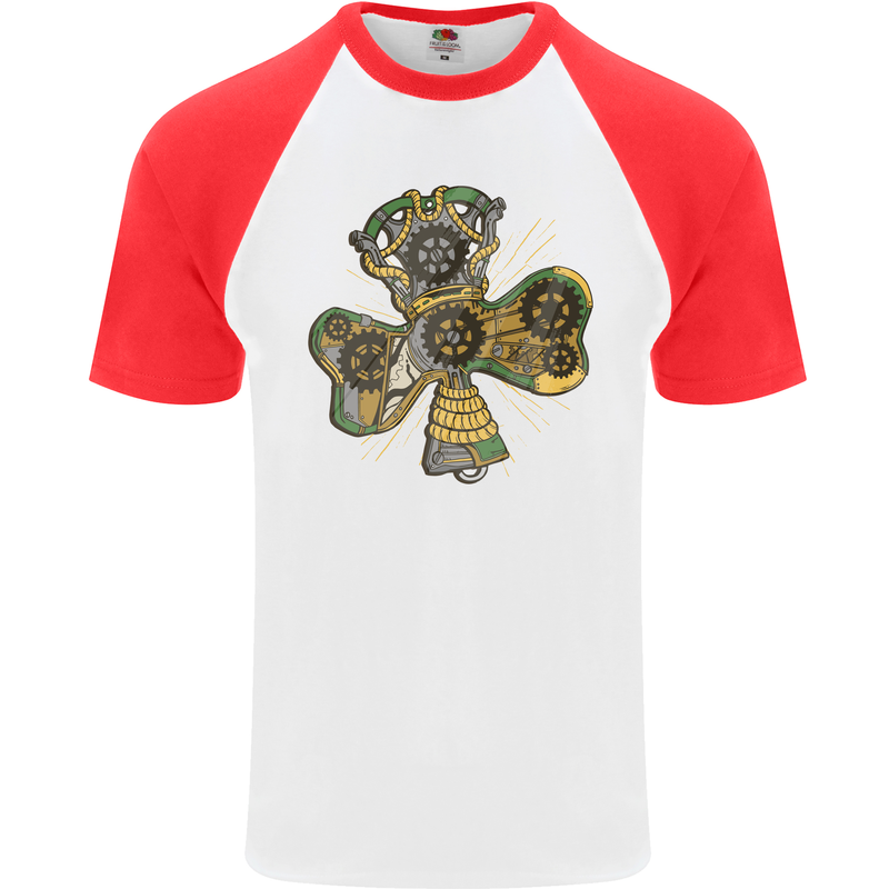 Steampunk Shamrock Mens S/S Baseball T-Shirt White/Red
