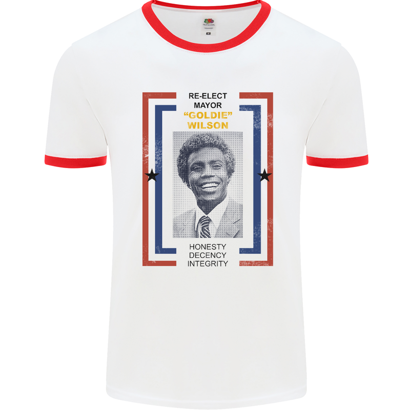 Re-Elect Mayor Goldie Wilson 80's Movie Mens White Ringer T-Shirt White/Red