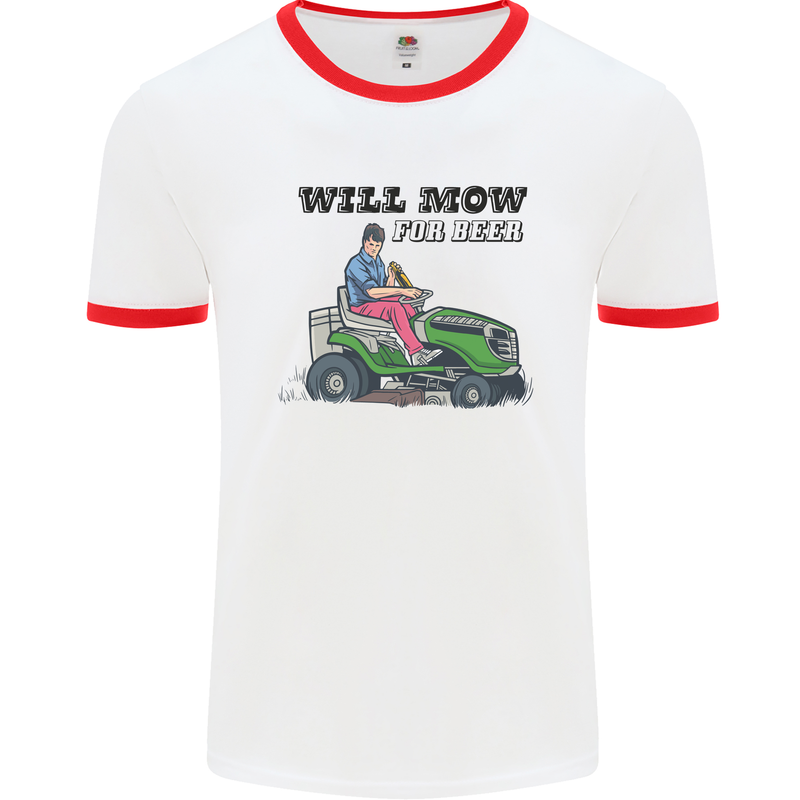 Will Mo the Lawn For Beer Funny Alcohol Mens White Ringer T-Shirt White/Red