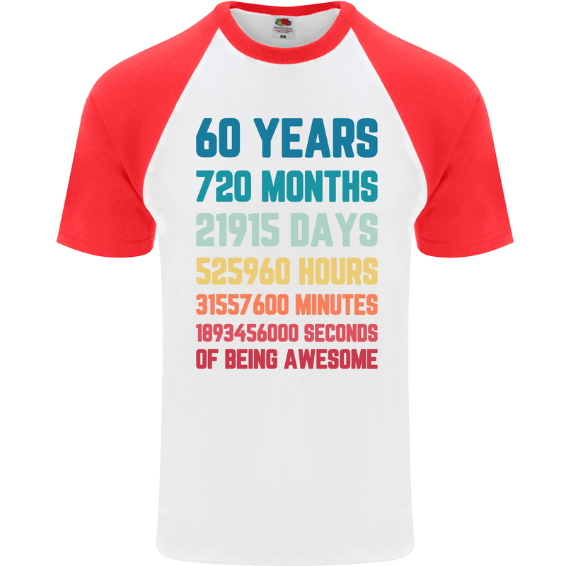 60th Birthday 60 Year Old Mens S/S Baseball T-Shirt White/Red