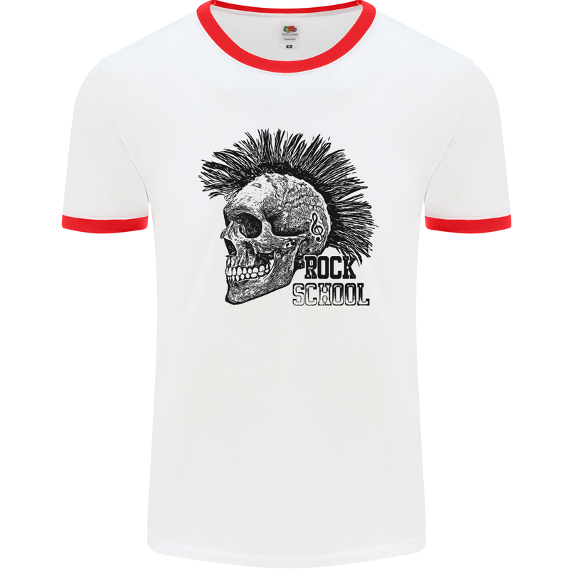 Rock n Roll Music School Skull Guitar Mens White Ringer T-Shirt White/Red