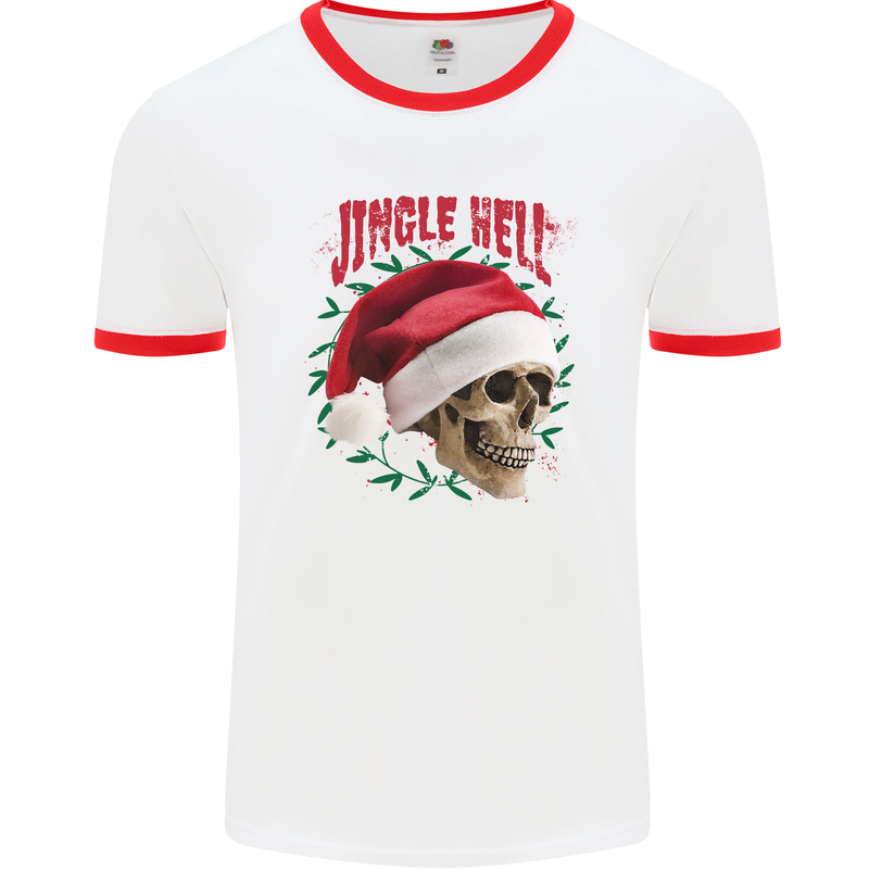 Jingle Hell Funny Christmas Skull Xmas Mens White Ringer T-Shirt White/Red