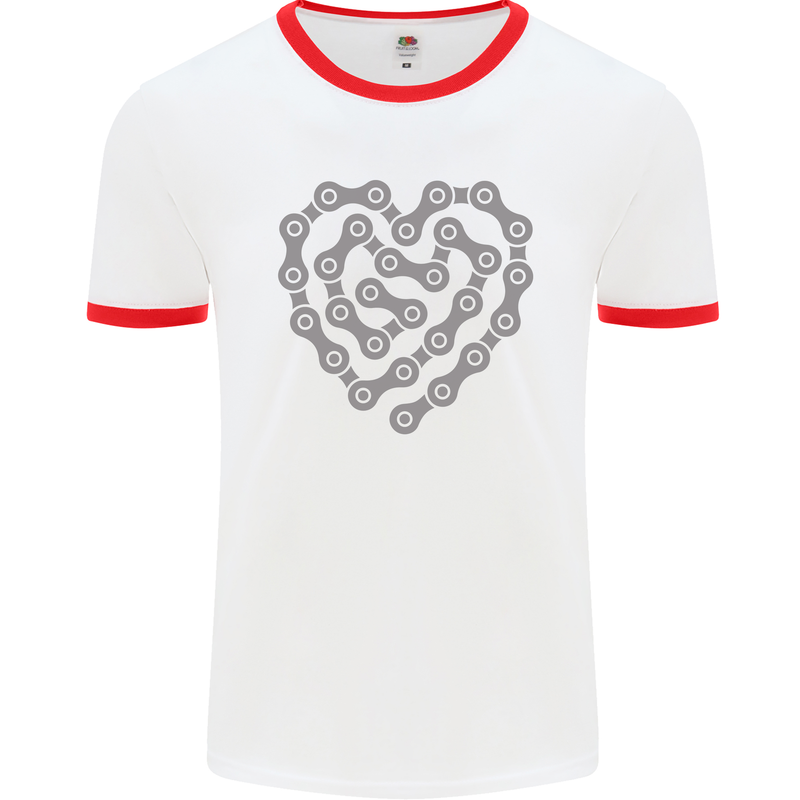 Bike Heart Chain Cycling Biker Motorcycle Mens White Ringer T-Shirt White/Red