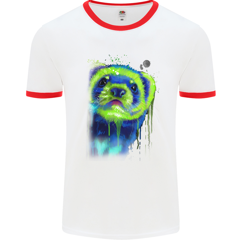 A Ferret Watercolour Mens White Ringer T-Shirt White/Red