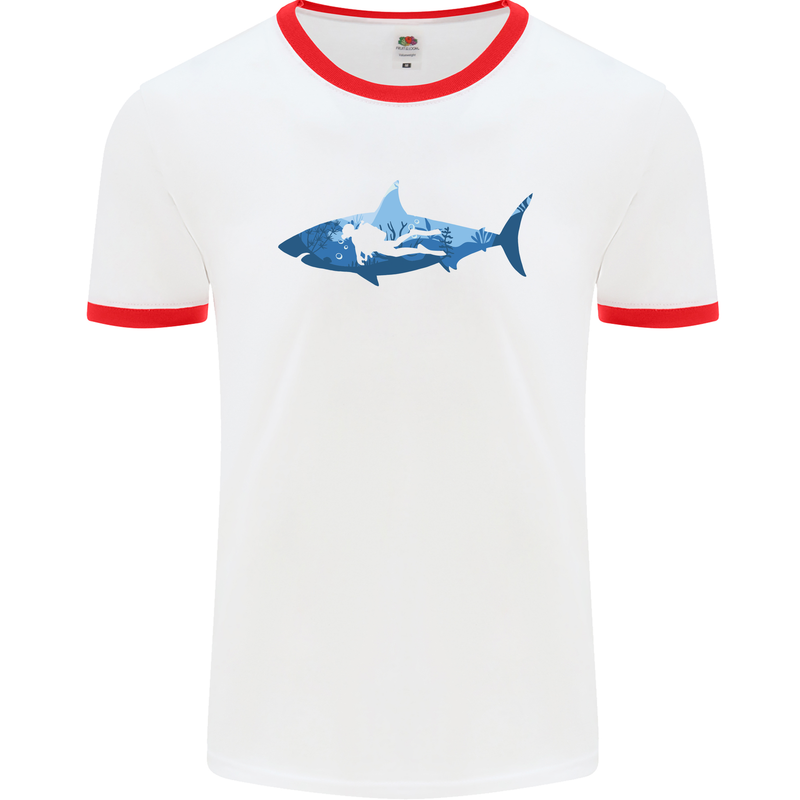 Great White Shark Scuba Diver Diving Mens White Ringer T-Shirt White/Red