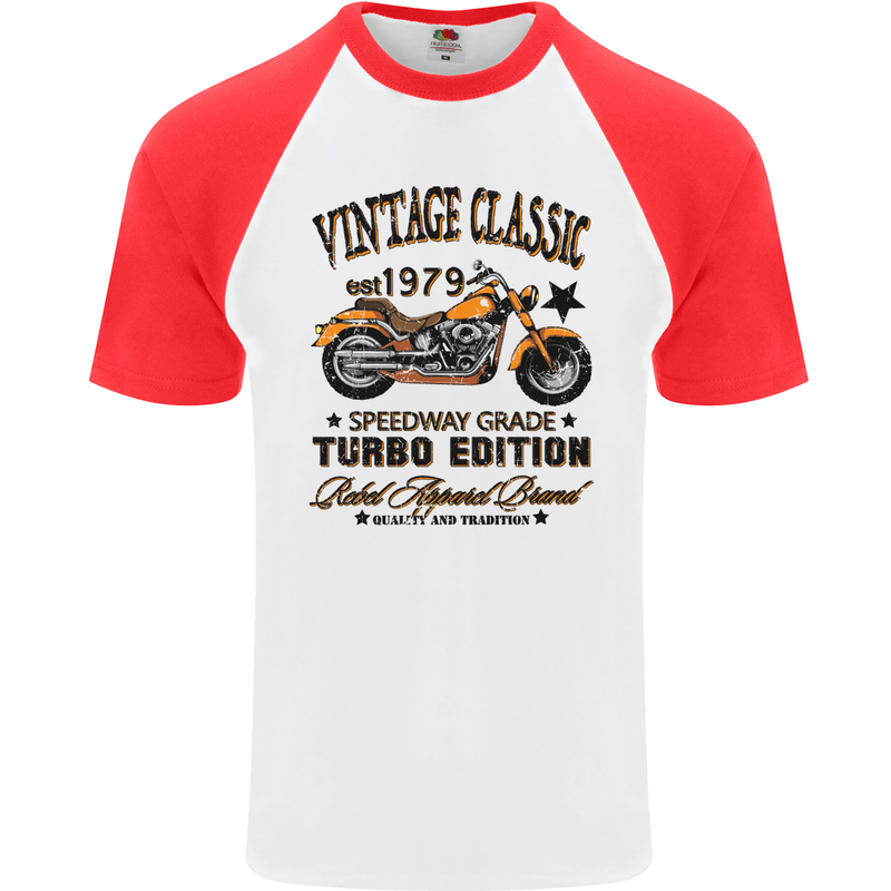 Vintage Classic Motorcycle Motorbike Biker Mens S/S Baseball T-Shirt White/Red