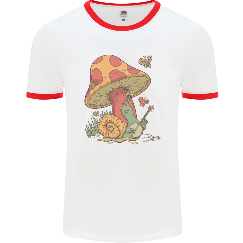 Snail Playing Guitar Rock Music Guitarist Mens White Ringer T-Shirt White/Red