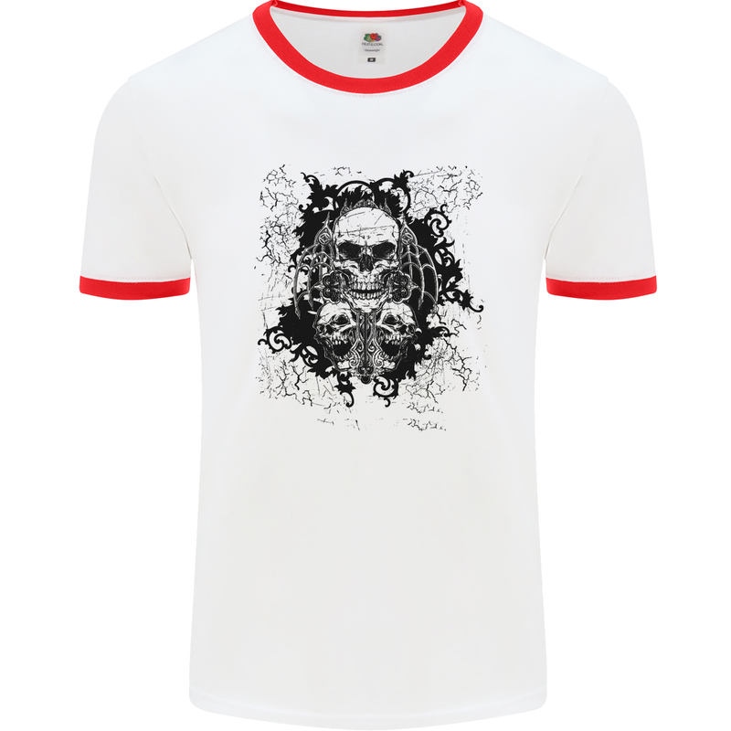 Three Skulls Demon Biker Gothic Tattoo Mens White Ringer T-Shirt White/Red