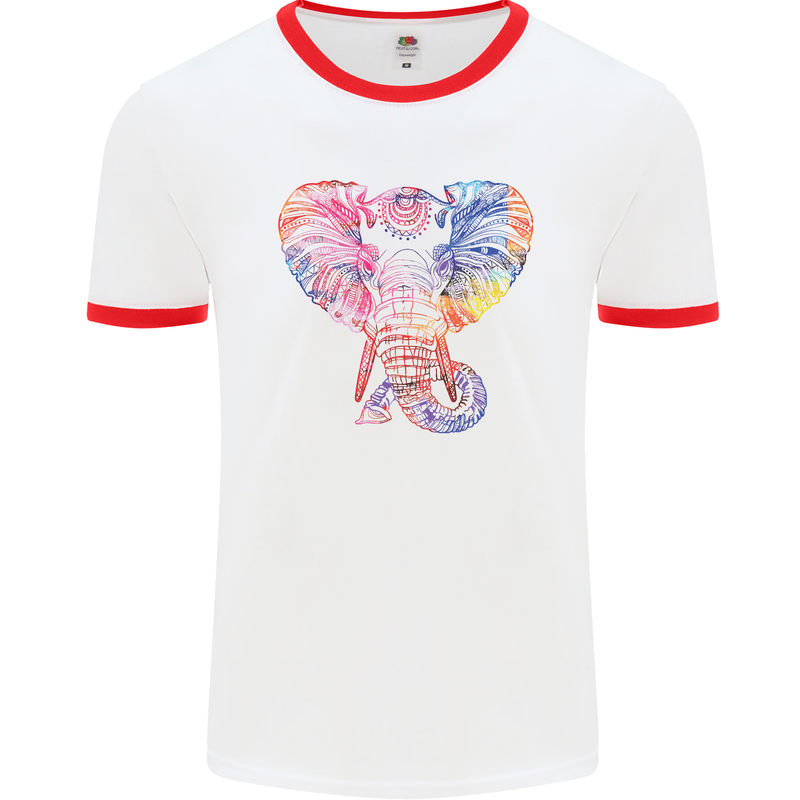 Mandala Art Elephant Contemporary Mens White Ringer T-Shirt White/Red