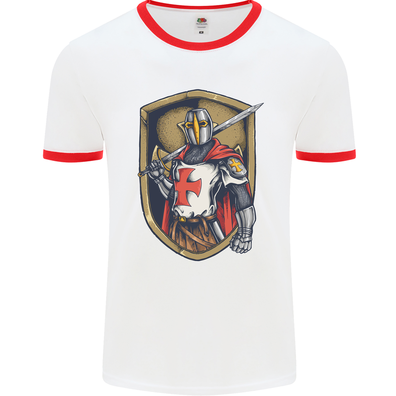 Knights Templar England St Georges Day Mens White Ringer T-Shirt White/Red