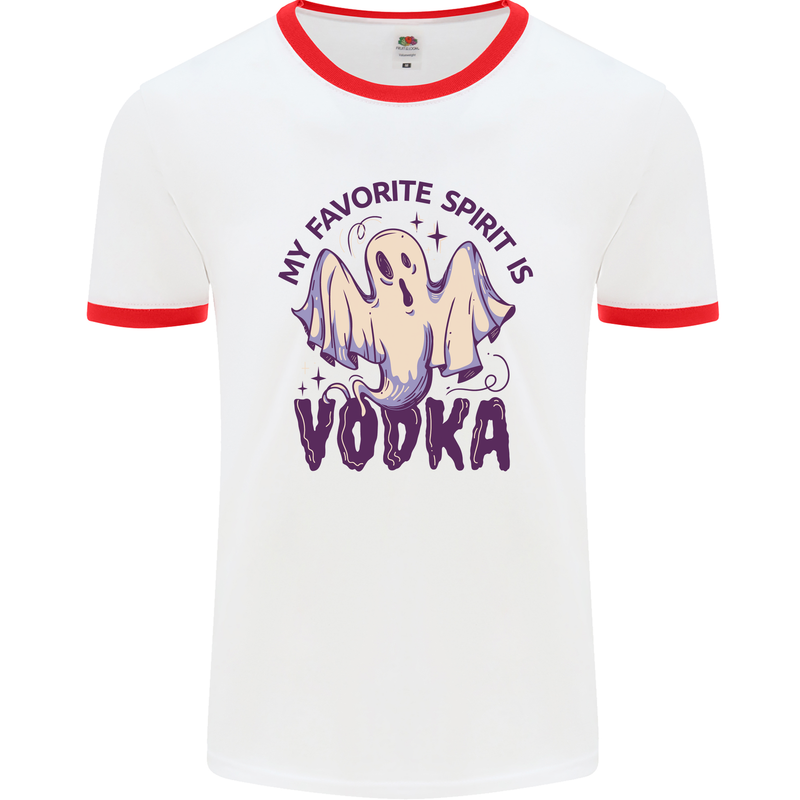 Funny Halloween Alcohol Vodka Spirit Ghost Mens White Ringer T-Shirt White/Red