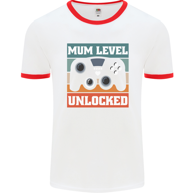 Mum Level Unlocked New Mommy Baby Born Mens White Ringer T-Shirt White/Red