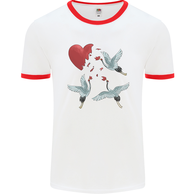 Crane Heart Anti Valentines Day Single Funny Mens Ringer T-Shirt White/Red