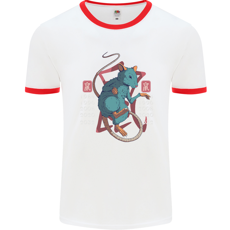 Chinese Zodiac Shengxiao Year of the Rat Mens White Ringer T-Shirt White/Red