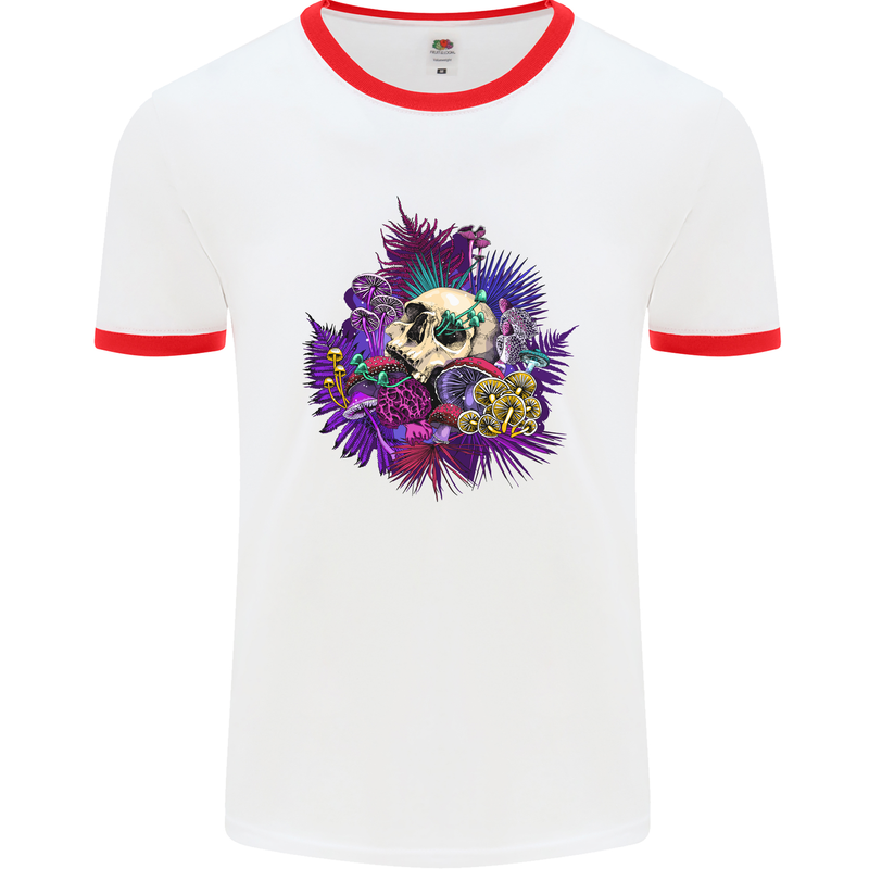 Magic Mushroom Skull LSD Hallucinogenic Mens Ringer T-Shirt White/Red