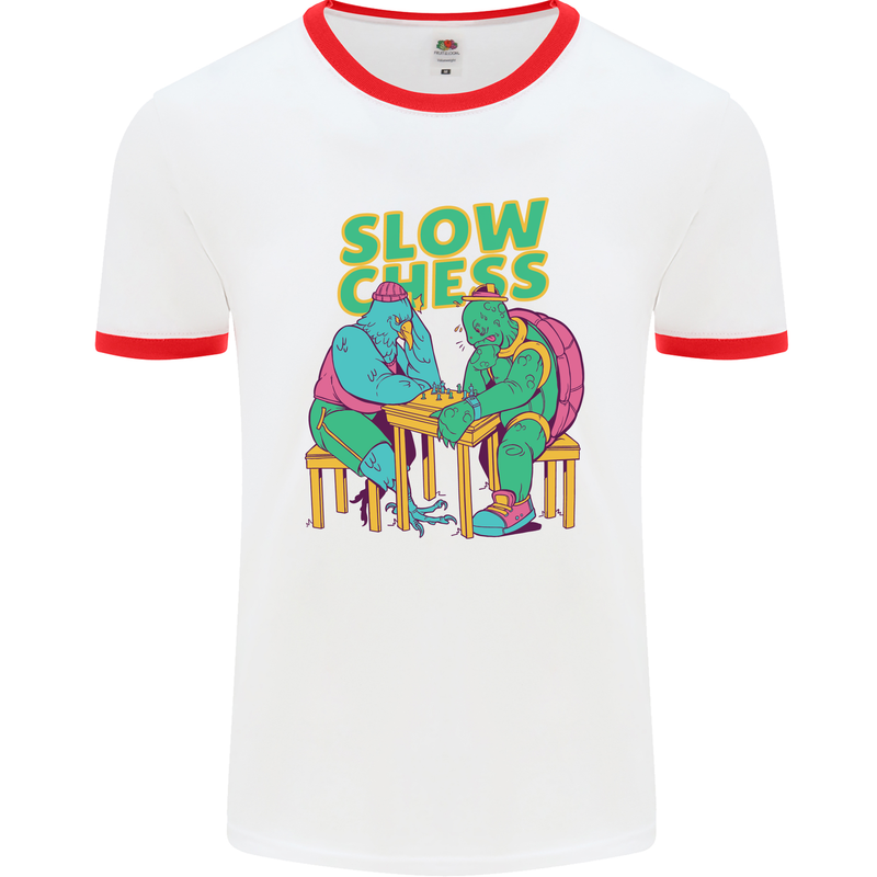 Slow Chess Funny Tortoise & Cock Mens White Ringer T-Shirt White/Red