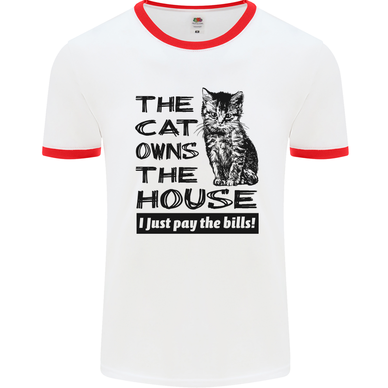 The Cat Owns the House Funny Kitten Mens White Ringer T-Shirt White/Red