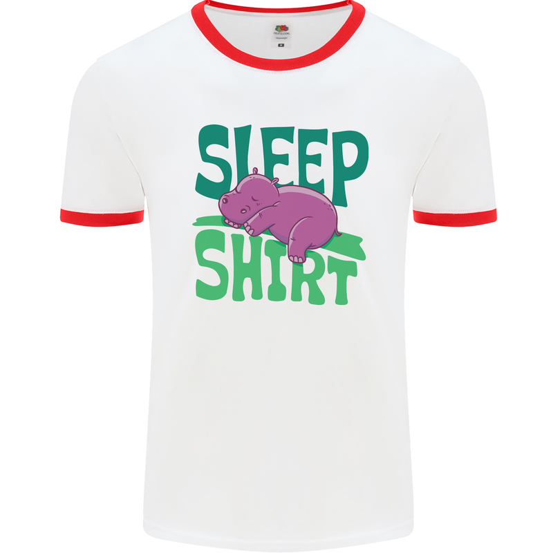 Hippo Sleep Shirt Sleeping Pajamas Mens White Ringer T-Shirt White/Red