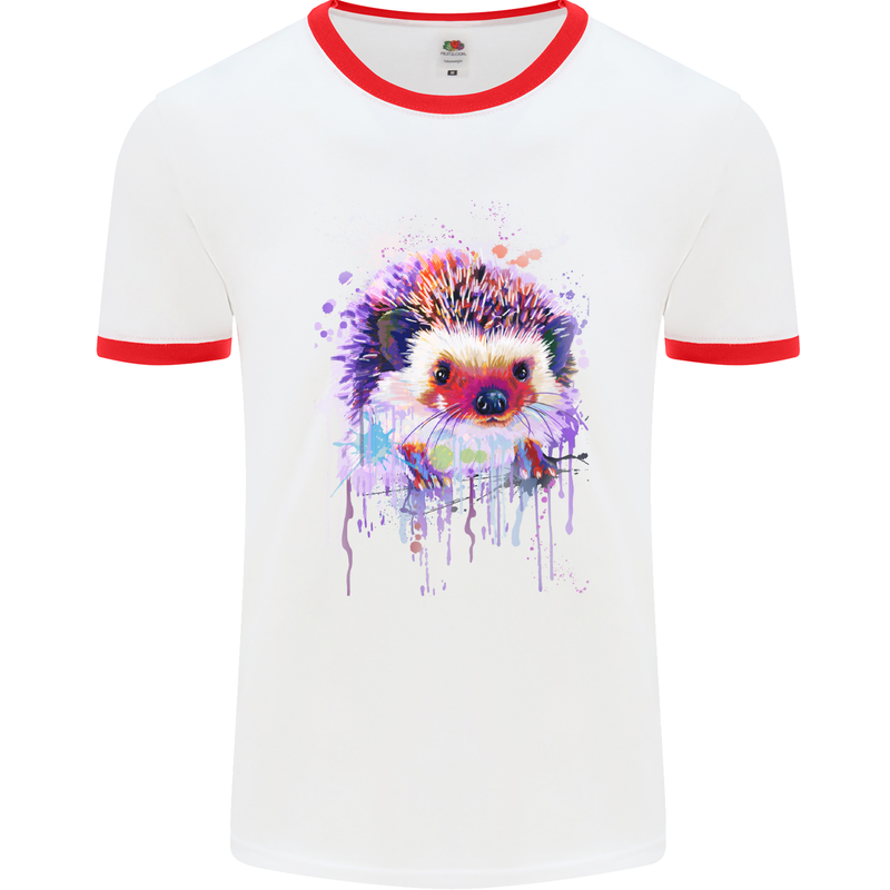 Hedgehog Watercolour Mens White Ringer T-Shirt White/Red